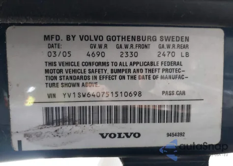 2005 Volvo V70 2.4 from USA, damaged, VIN YV1SW640751510698